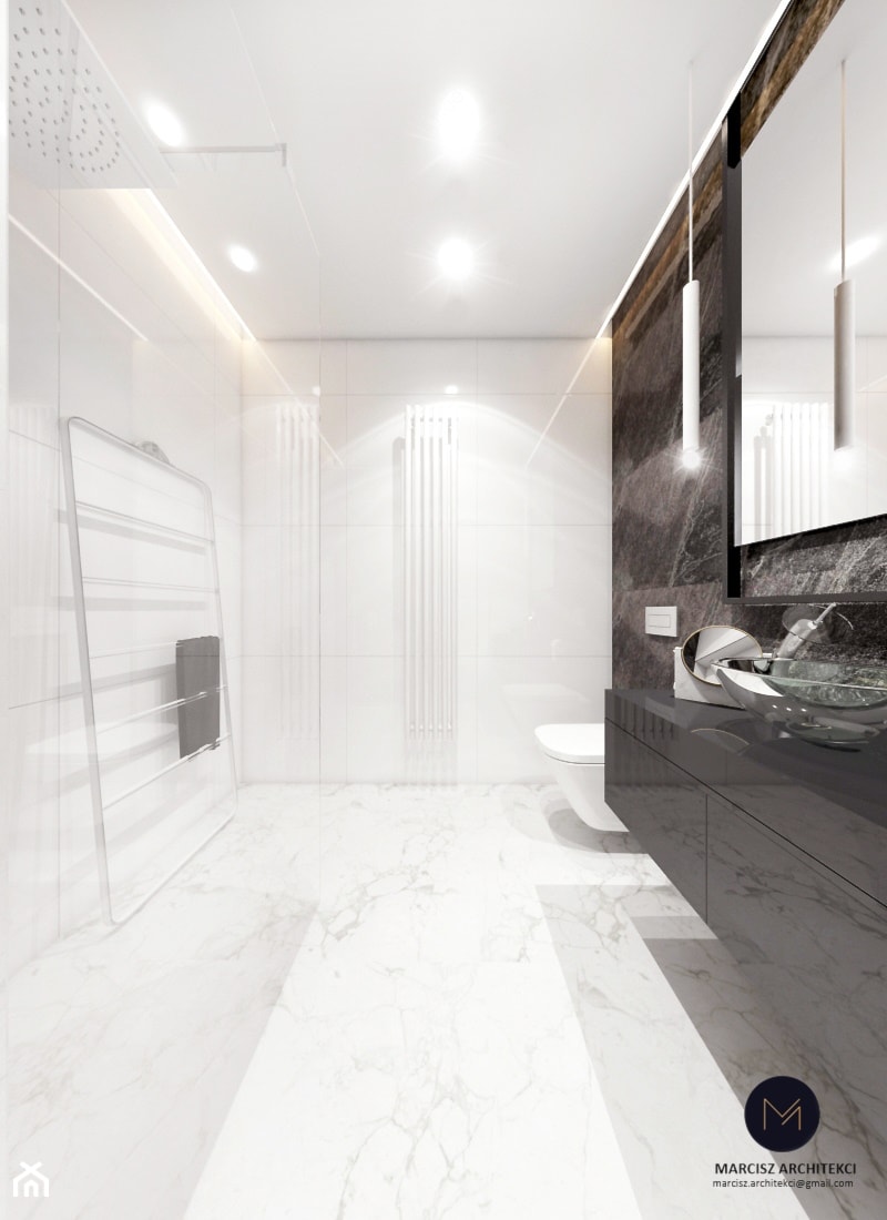 Mała łazienka 4m2 // Limanowa - Średnia bez okna z lustrem z marmurową podłogą z punktowym oświetleniem łazienka, styl minimalistyczny - zdjęcie od MARCISZ ARCHITEKCI