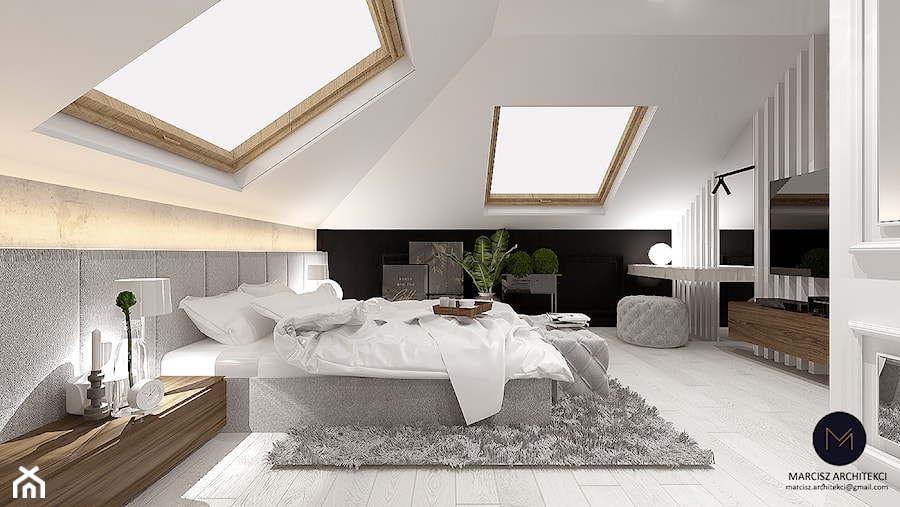 Projekt sypialnia na poddaszu 14m2/ Limanowa - Duża biała czarna sypialnia na poddaszu, styl nowoczesny - zdjęcie od MARCISZ ARCHITEKCI