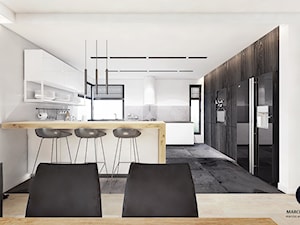 Projekt domu 110 m2/ k. Limanowej - Duża otwarta z kamiennym blatem biała szara z zabudowaną lodówką kuchnia w kształcie litery g z oknem, styl minimalistyczny - zdjęcie od MARCISZ ARCHITEKCI