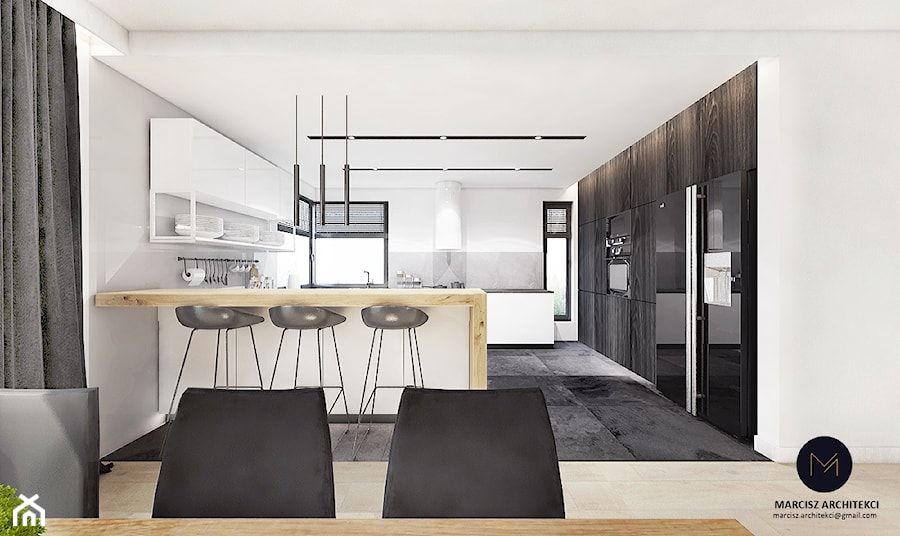 Projekt domu 110 m2/ k. Limanowej - Duża otwarta z kamiennym blatem biała szara z zabudowaną lodówką kuchnia w kształcie litery g z oknem, styl minimalistyczny - zdjęcie od MARCISZ ARCHITEKCI