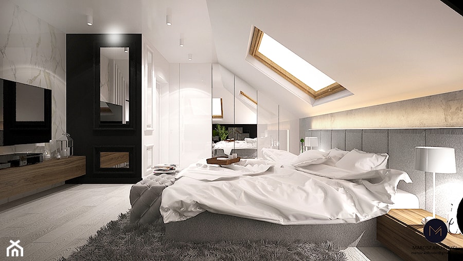 Projekt sypialnia na poddaszu 14m2/ Limanowa - Duża biała szara sypialnia na poddaszu, styl nowoczesny - zdjęcie od MARCISZ ARCHITEKCI