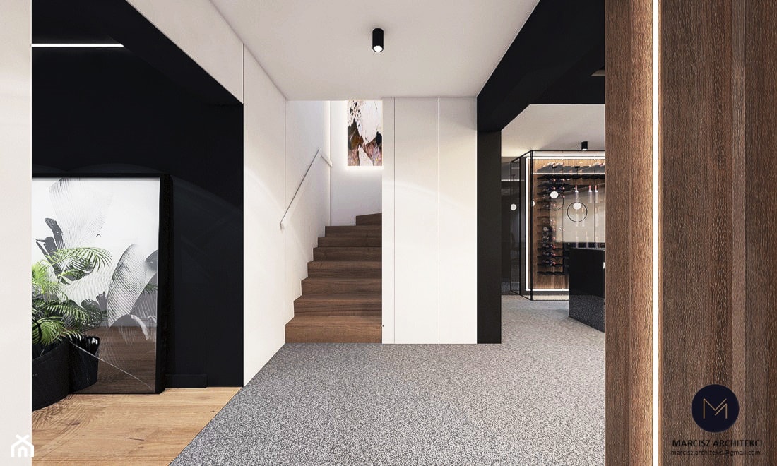 Projekt ekskluzywnej piwnicy 64 m2 w domu jednorodzinnym / k. Limanowej - Schody, styl nowoczesny - zdjęcie od MARCISZ ARCHITEKCI - Homebook