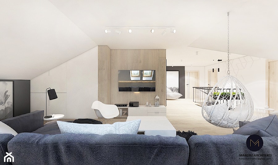 Projekt domu 110 m2/ k. Limanowej - Duży biały czarny salon, styl minimalistyczny - zdjęcie od MARCISZ ARCHITEKCI