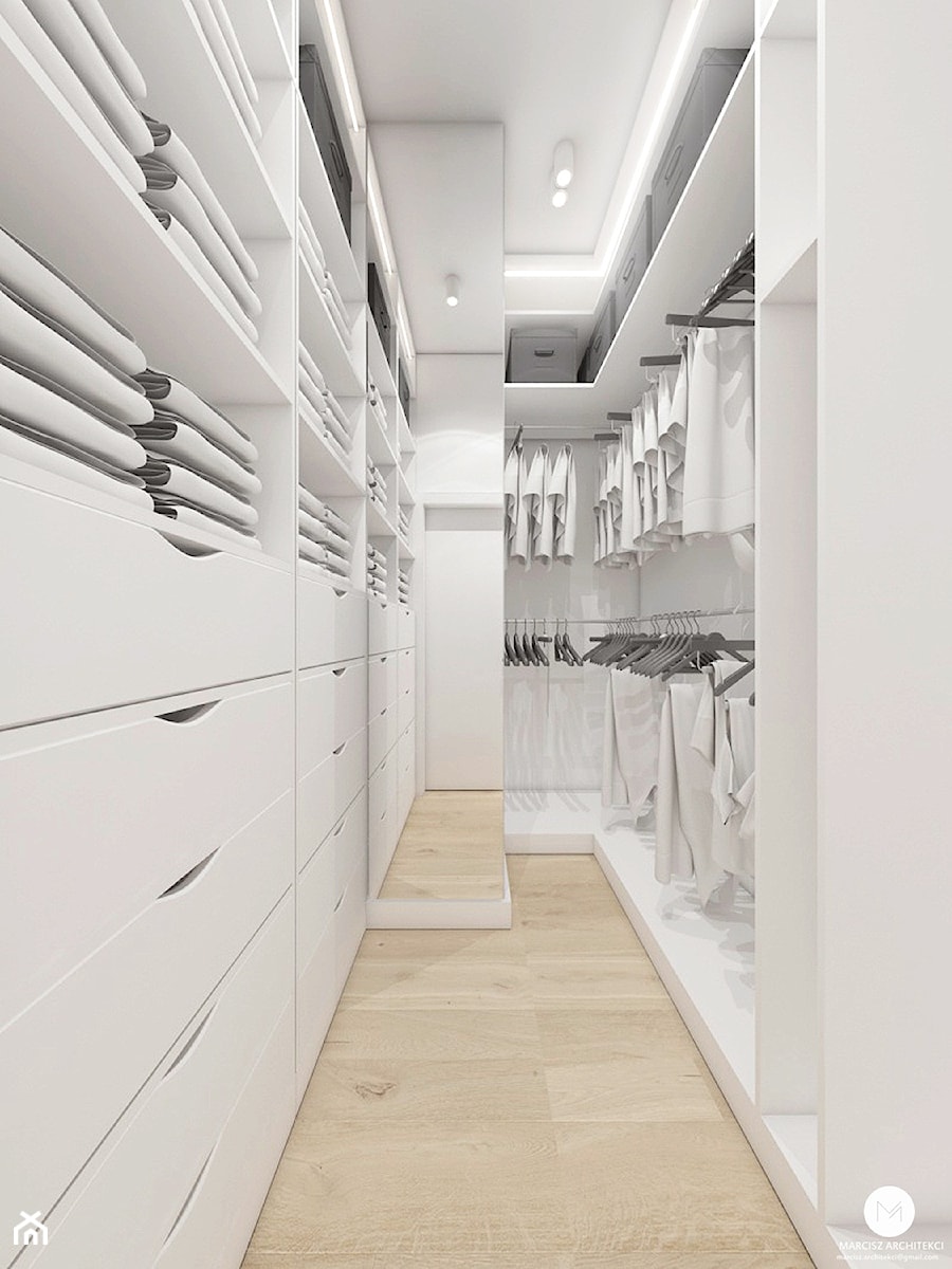 Projekt domu 110 m2// Warszawa II - Średnia otwarta garderoba oddzielne pomieszczenie, styl nowoczesny - zdjęcie od MARCISZ ARCHITEKCI