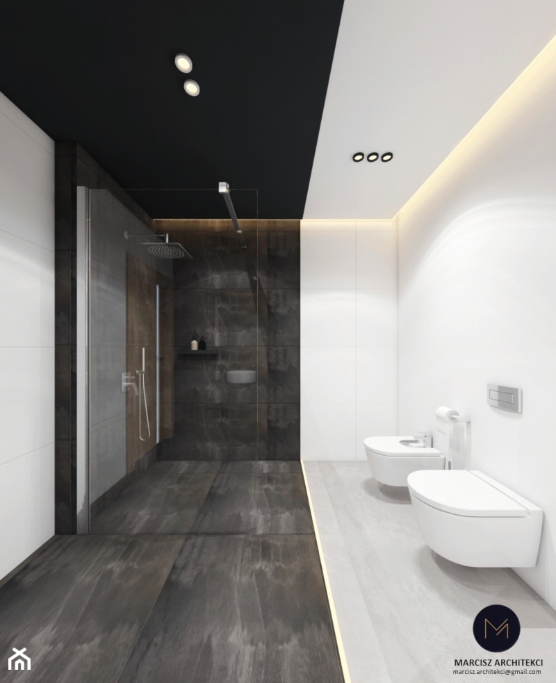 Projekt domu 110 m2/ k. Limanowej - Duża bez okna z marmurową podłogą z punktowym oświetleniem łazienka, styl minimalistyczny - zdjęcie od MARCISZ ARCHITEKCI
