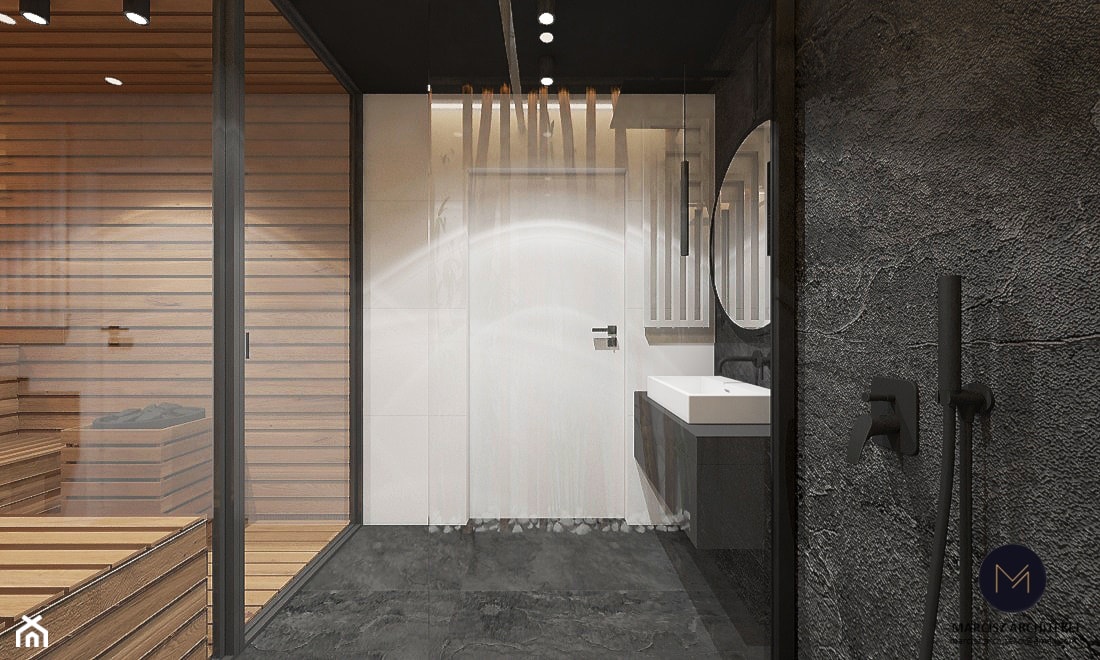 Projekt ekskluzywnej piwnicy 64 m2 w domu jednorodzinnym / k. Limanowej - Duża bez okna z punktowym oświetleniem łazienka, styl nowoczesny - zdjęcie od MARCISZ ARCHITEKCI - Homebook