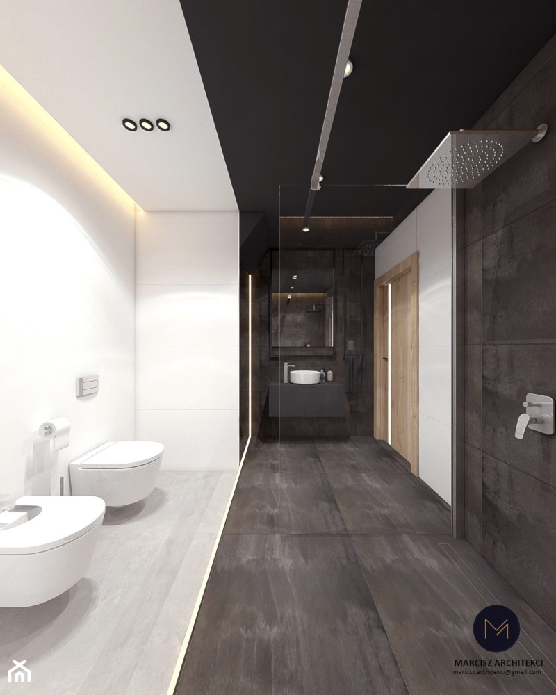 Projekt domu 110 m2/ k. Limanowej - Duża bez okna z lustrem z punktowym oświetleniem łazienka, styl minimalistyczny - zdjęcie od MARCISZ ARCHITEKCI