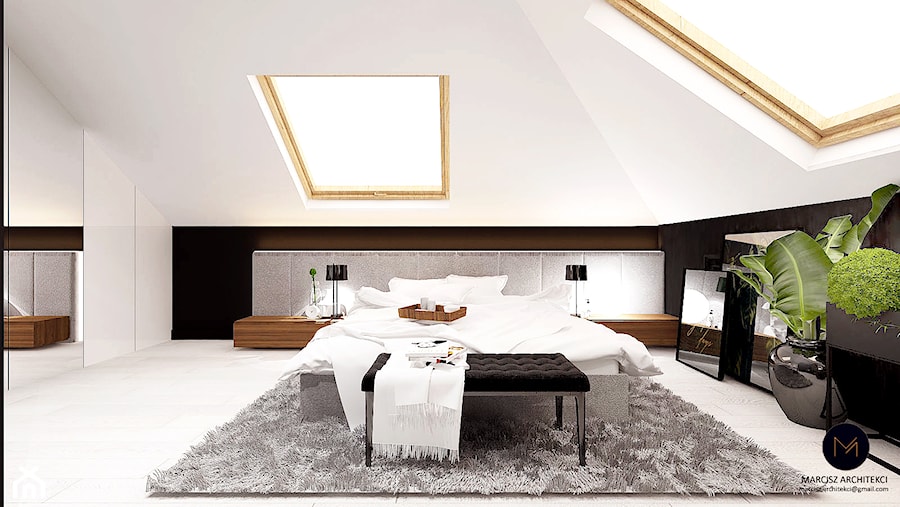 Projekt sypialnia na poddaszu 14m2/ Limanowa - Średnia biała czarna sypialnia na poddaszu, styl nowoczesny - zdjęcie od MARCISZ ARCHITEKCI