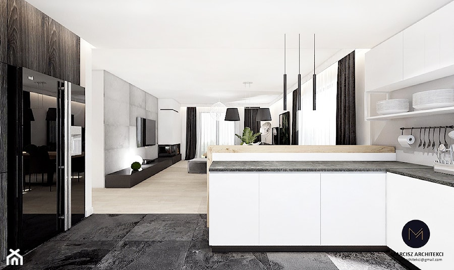 Projekt domu 110 m2/ k. Limanowej - Średnia otwarta z salonem z kamiennym blatem biała szara z zabudowaną lodówką kuchnia w kształcie litery g z oknem, styl minimalistyczny - zdjęcie od MARCISZ ARCHITEKCI