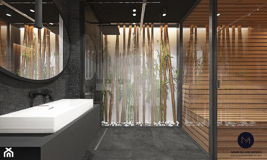 Projekt ekskluzywnej piwnicy 64 m2 w domu jednorodzinnym / k. Limanowej - Duża bez okna z lustrem z punktowym oświetleniem łazienka, styl nowoczesny - zdjęcie od MARCISZ ARCHITEKCI