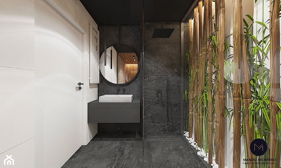 Projekt ekskluzywnej piwnicy 64 m2 w domu jednorodzinnym / k. Limanowej - Średnia bez okna z lustrem z punktowym oświetleniem łazienka, styl nowoczesny - zdjęcie od MARCISZ ARCHITEKCI