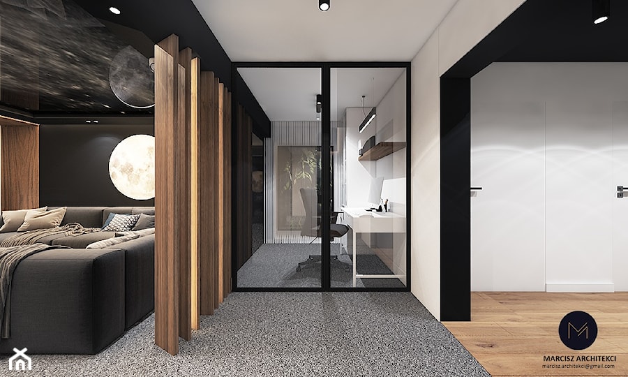 Projekt ekskluzywnej piwnicy 64 m2 w domu jednorodzinnym / k. Limanowej - Biuro, styl nowoczesny - zdjęcie od MARCISZ ARCHITEKCI