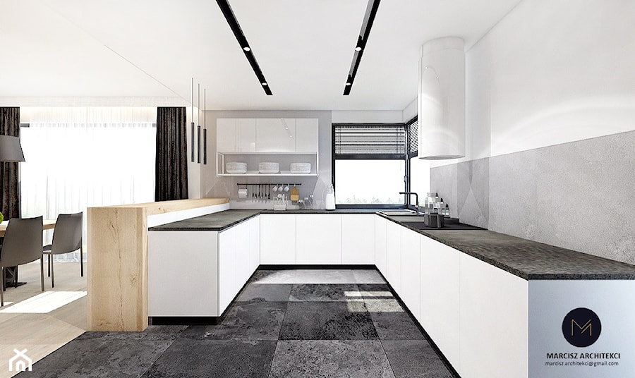 Projekt domu 110 m2/ k. Limanowej - Średnia otwarta z salonem z kamiennym blatem biała szara z zabudowaną lodówką z nablatowym zlewozmywakiem kuchnia w kształcie litery u z oknem, styl minimalistyczny - zdjęcie od MARCISZ ARCHITEKCI