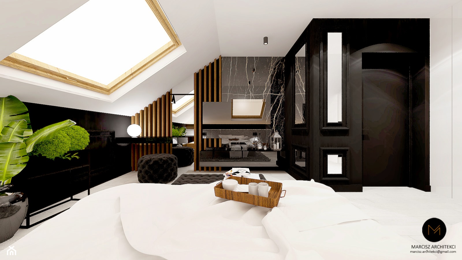 Projekt sypialnia na poddaszu 14m2/ Limanowa - Duża biała czarna sypialnia na poddaszu, styl nowoczesny - zdjęcie od MARCISZ ARCHITEKCI - Homebook
