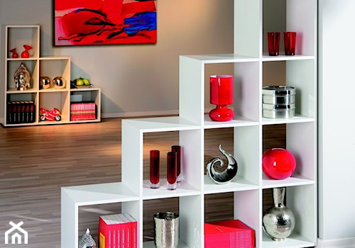 Szary salon z bibiloteczką, styl minimalistyczny - zdjęcie od meblujesz