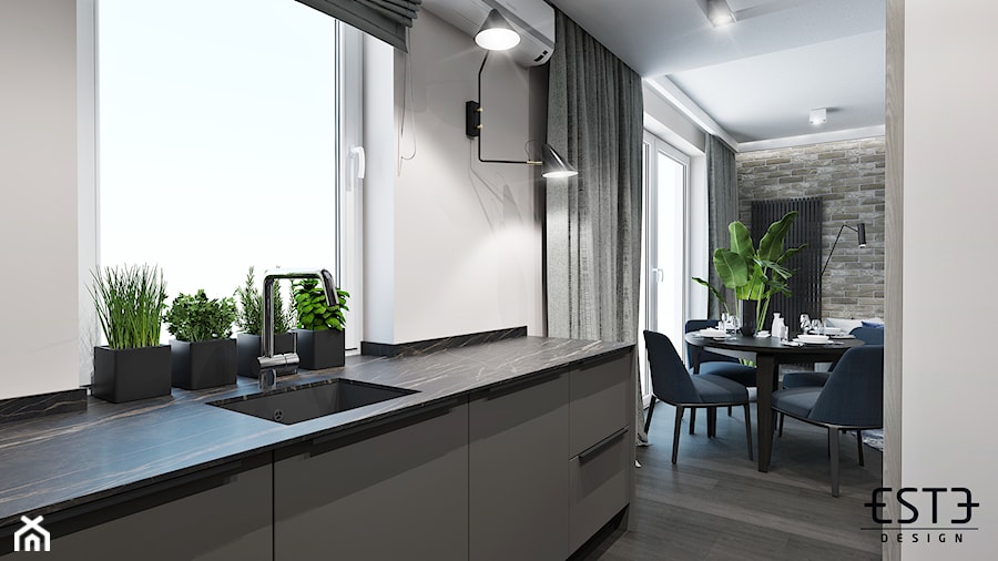 Mieszkanie w Warszawie - Średnia otwarta z salonem biała z zabudowaną lodówką z podblatowym zlewozmywakiem kuchnia jednorzędowa z oknem, styl nowoczesny - zdjęcie od Este Design