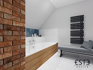 Łazienka z cegłą na poddaszu - Średnia na poddaszu bez okna z punktowym oświetleniem łazienka, styl skandynawski - zdjęcie od Este Design