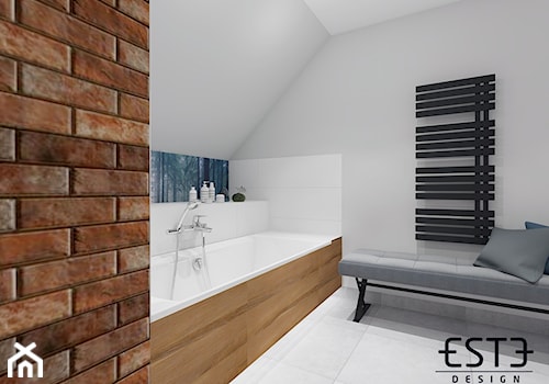 Łazienka z cegłą na poddaszu - Średnia na poddaszu bez okna z punktowym oświetleniem łazienka, styl skandynawski - zdjęcie od Este Design