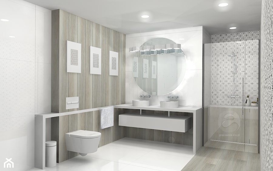 Koncepcja Łazienki - Średnia bez okna z lustrem z dwoma umywalkami z punktowym oświetleniem łazienka, styl nowoczesny - zdjęcie od ESS-PRACOWNIA PROJEKTOWA