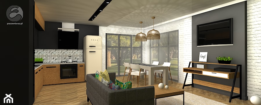 Koncepcja mieszkania w stylu vintage - Średni czarny szary salon z kuchnią z jadalnią, styl vintage - zdjęcie od ESS-PRACOWNIA PROJEKTOWA