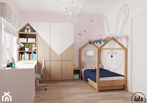 Pokój małej księżniczki - Średni biały różowy pokój dziecka dla nastolatka dla chłopca dla dziewczynki, styl skandynawski - zdjęcie od IDS projektowanie wnętrz