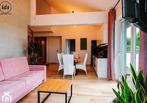 Dwukondygnacyjny apartament nad morzem 80m2 - Mały szary salon z kuchnią z jadalnią, styl nowoczesny - zdjęcie od IDS projektowanie wnętrz