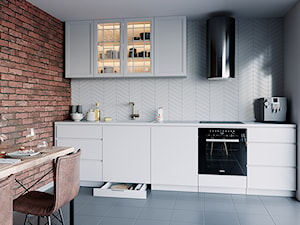 Aranżacje - Średnia biała z zabudowaną lodówką z nablatowym zlewozmywakiem kuchnia jednorzędowa z oknem, styl nowoczesny - zdjęcie od GTV