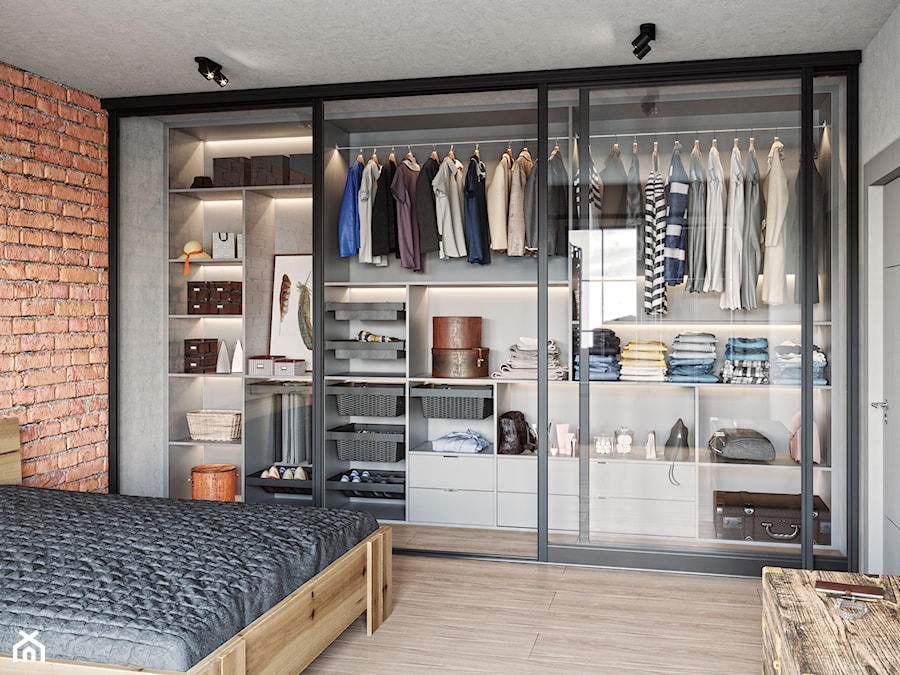 Garderoba - Średnia szara sypialnia z garderobą, styl industrialny - zdjęcie od GTV