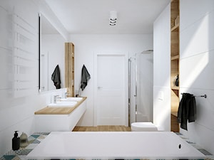 Dom pod Krakowem - Średnia na poddaszu bez okna z lustrem z dwoma umywalkami łazienka, styl skandynawski - zdjęcie od KAROLINA POPIEL - ARCHITEKTURA WNĘTRZ