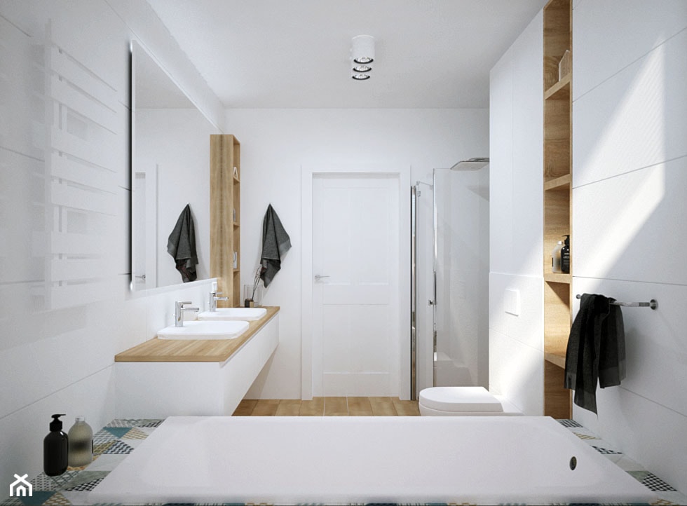 Dom pod Krakowem - Średnia na poddaszu bez okna z lustrem z dwoma umywalkami łazienka, styl skandynawski - zdjęcie od KAROLINA POPIEL - ARCHITEKTURA WNĘTRZ - Homebook