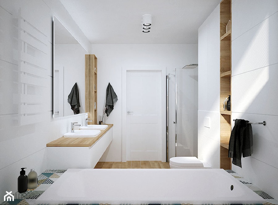 Dom pod Krakowem - Średnia na poddaszu bez okna z lustrem z dwoma umywalkami łazienka, styl skandynawski - zdjęcie od KAROLINA POPIEL - ARCHITEKTURA WNĘTRZ