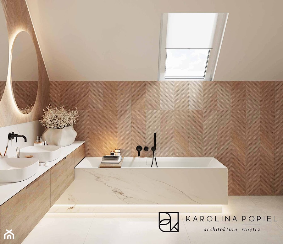 Duża łazienka z wanną i prysznicem z jodełką i drewnem - zdjęcie od KAROLINA POPIEL - ARCHITEKTURA WNĘTRZ