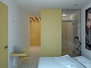 Minimalistyczna sypialnia z otwartą łazienką - zdjęcie od KAROLINA POPIEL - ARCHITEKTURA WNĘTRZ