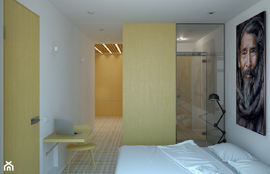 Minimalistyczna sypialnia z otwartą łazienką - zdjęcie od KAROLINA POPIEL - ARCHITEKTURA WNĘTRZ