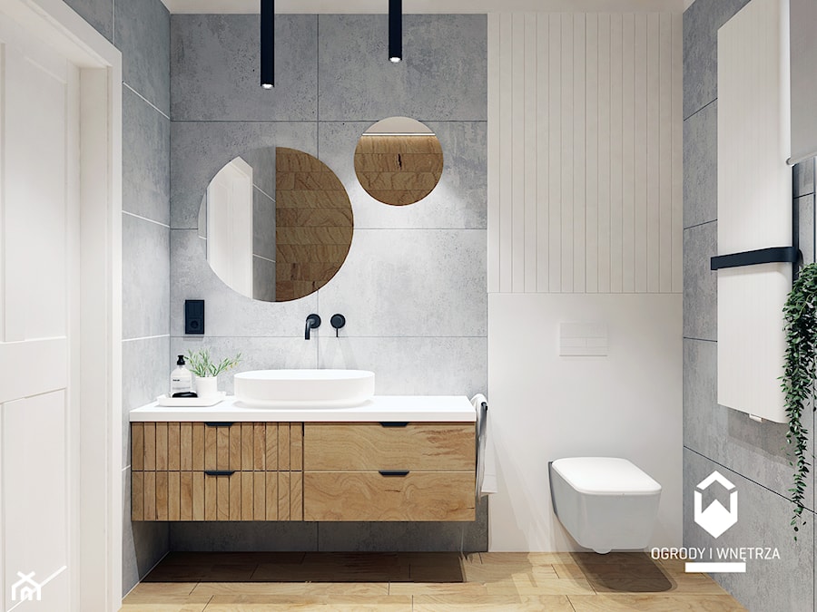 łazienka z drewnem i szarością - zdjęcie od KAROLINA POPIEL - ARCHITEKTURA WNĘTRZ