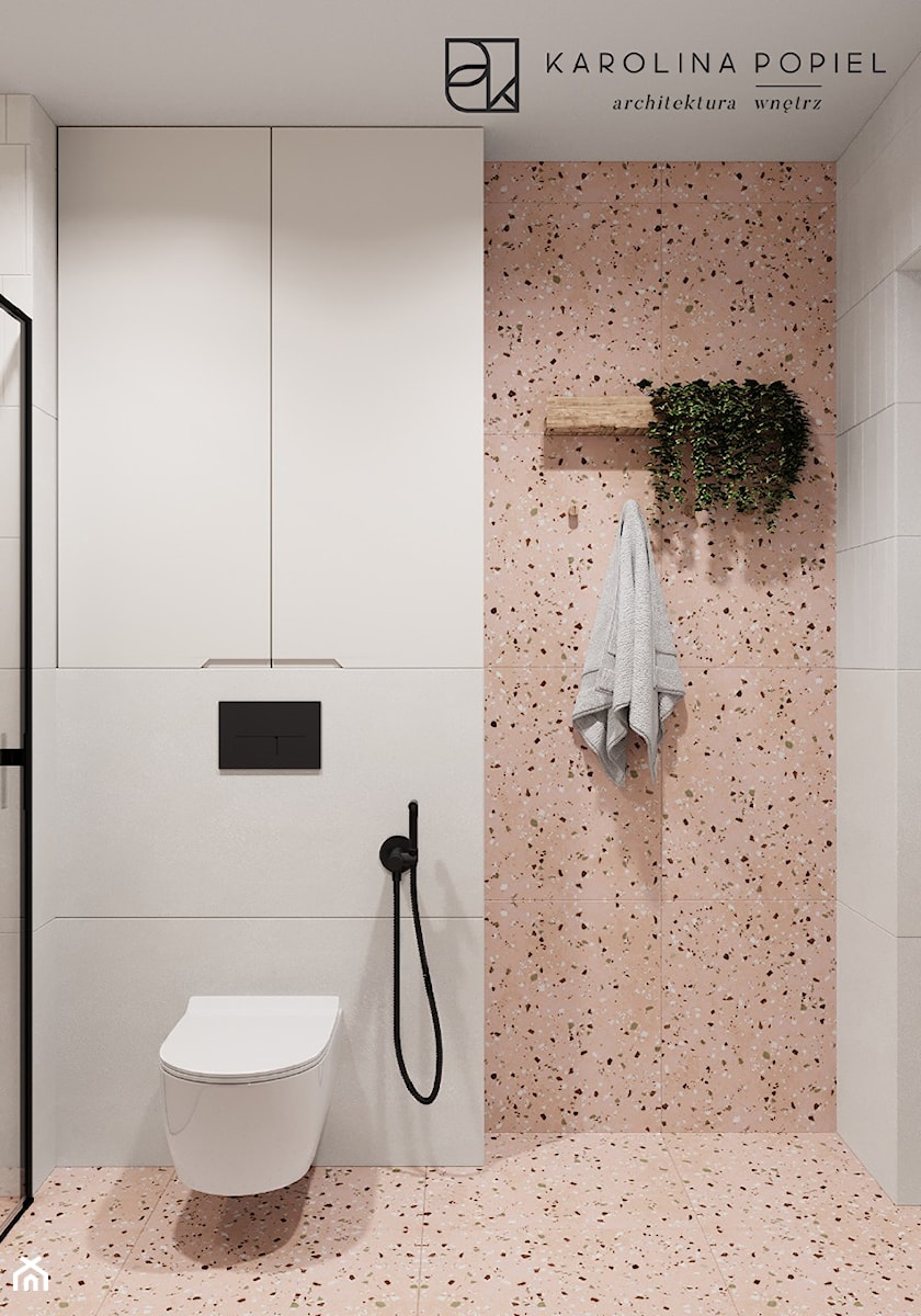 Mała jasna łazienka z prysznicem i czarnymi dodatkami - zdjęcie od KAROLINA POPIEL - ARCHITEKTURA WNĘTRZ