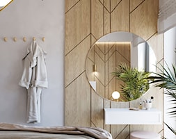 Sypialnia z drewnianą ścianą - zdjęcie od KAROLINA POPIEL - ARCHITEKTURA WNĘTRZ - Homebook