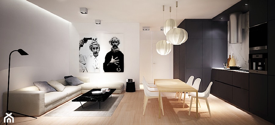 Mieszkanie Na Zabłociu - Duża otwarta z salonem z zabudowaną lodówką kuchnia jednorzędowa z marmurem nad blatem kuchennym, styl nowoczesny - zdjęcie od KAROLINA POPIEL - ARCHITEKTURA WNĘTRZ