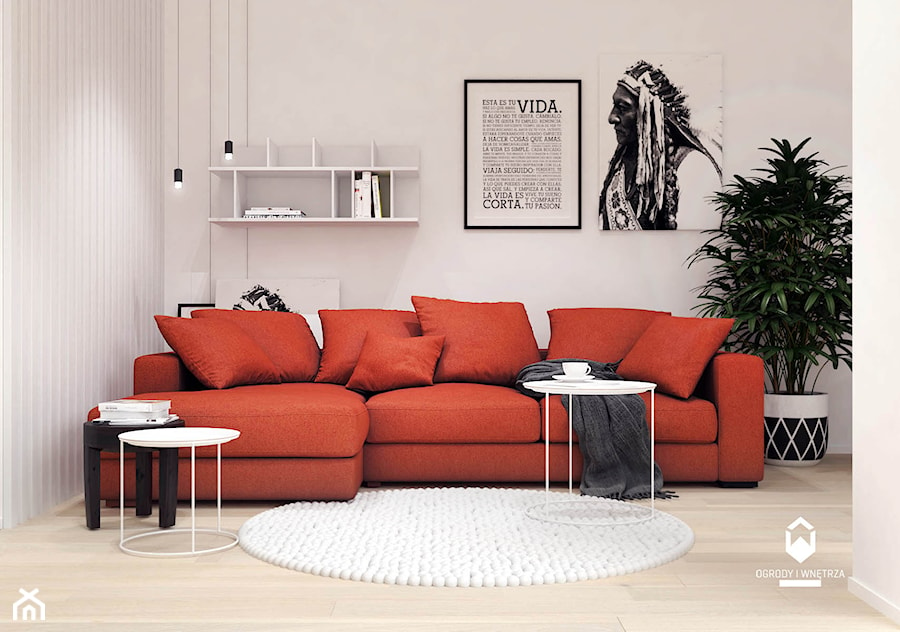 Mieszkanie z czerwonym akcentem - Średni biały salon, styl skandynawski - zdjęcie od KAROLINA POPIEL - ARCHITEKTURA WNĘTRZ