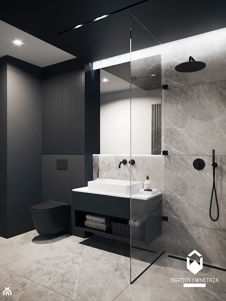 Łazienka z prysznicem w ciemnej odsłonie - zdjęcie od KAROLINA POPIEL - ARCHITEKTURA WNĘTRZ