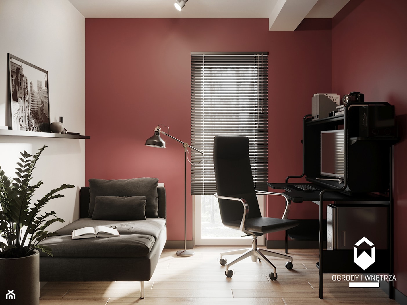 Pokój biurowy w bordowym kolorze - zdjęcie od KAROLINA POPIEL - ARCHITEKTURA WNĘTRZ - Homebook