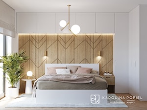 Sypialnia z drewnianą ścianą - zdjęcie od KAROLINA POPIEL - ARCHITEKTURA WNĘTRZ