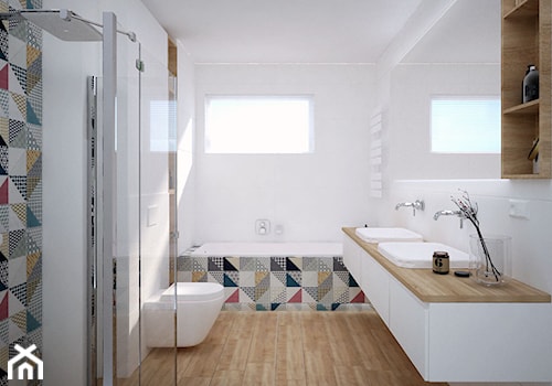 Dom pod Krakowem - Średnia na poddaszu z dwoma umywalkami łazienka z oknem, styl skandynawski - zdjęcie od KAROLINA POPIEL - ARCHITEKTURA WNĘTRZ