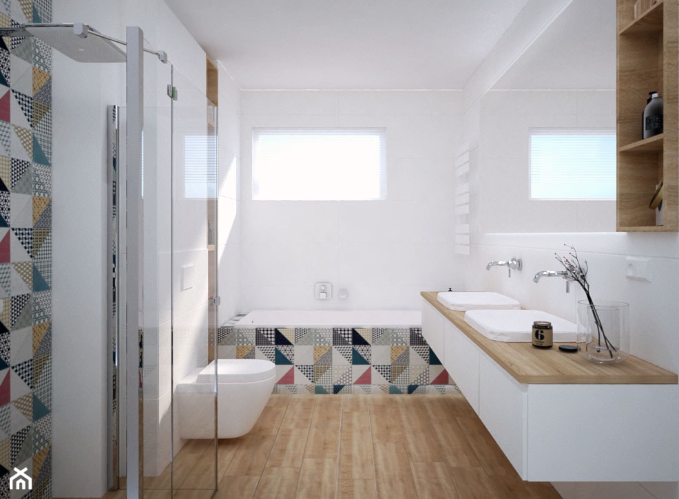 Dom pod Krakowem - Średnia na poddaszu z dwoma umywalkami łazienka z oknem, styl skandynawski - zdjęcie od KAROLINA POPIEL - ARCHITEKTURA WNĘTRZ - Homebook