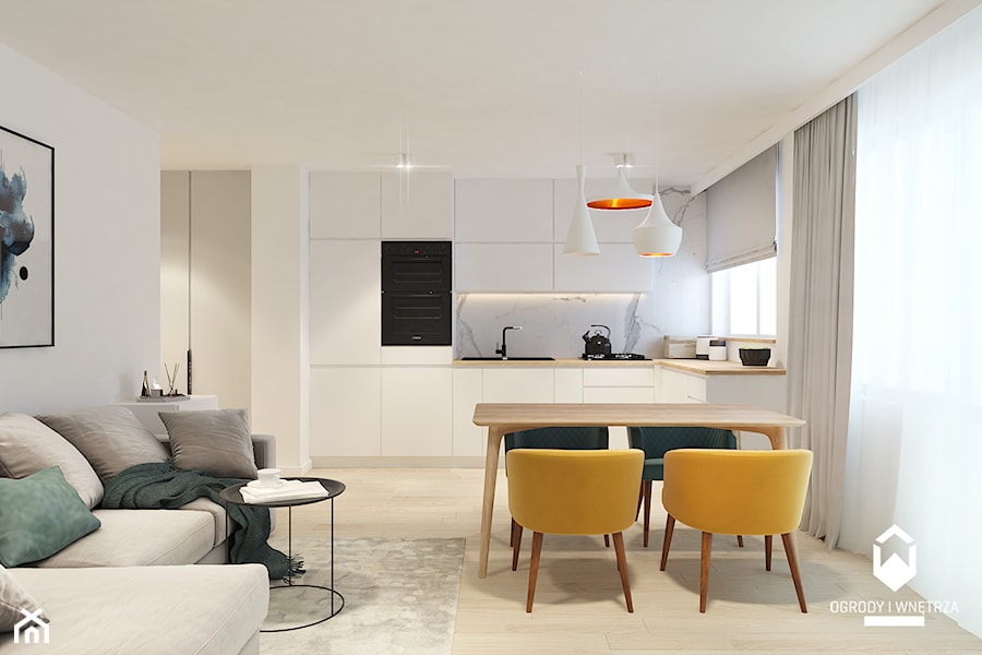 Remont mieszkania w starym budownictwie - Średni biały salon z kuchnią z jadalnią, styl nowoczesny - zdjęcie od KAROLINA POPIEL - ARCHITEKTURA WNĘTRZ