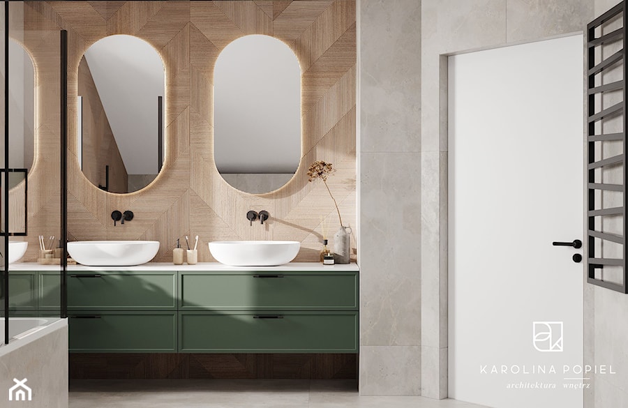 łazienka z zielonym akcentem - Średnia z lustrem z dwoma umywalkami łazienka, styl nowoczesny - zdjęcie od KAROLINA POPIEL - ARCHITEKTURA WNĘTRZ