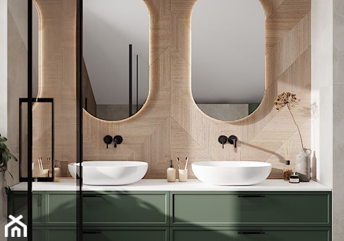 łazienka z zielonym akcentem - Średnia z lustrem z dwoma umywalkami łazienka z oknem, styl nowoczesny - zdjęcie od KAROLINA POPIEL - ARCHITEKTURA WNĘTRZ
