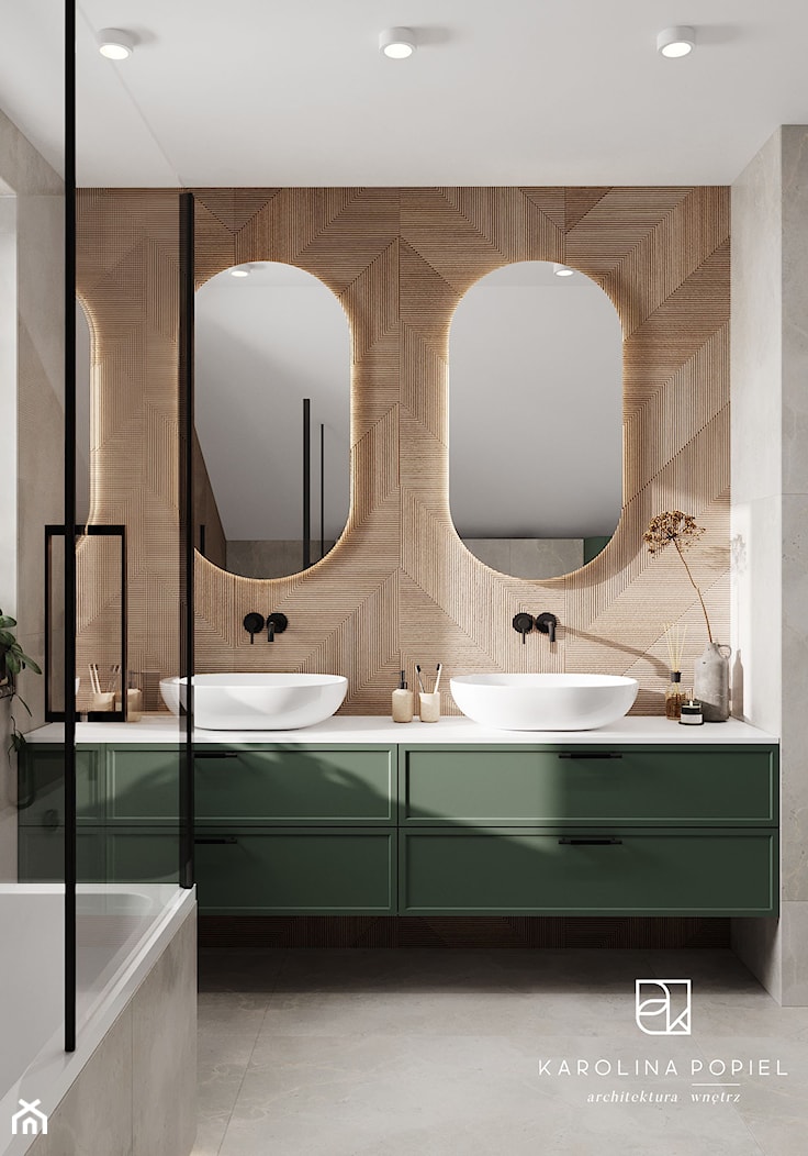 łazienka z zielonym akcentem - Średnia z lustrem z dwoma umywalkami łazienka z oknem, styl nowoczesny - zdjęcie od KAROLINA POPIEL - ARCHITEKTURA WNĘTRZ - Homebook