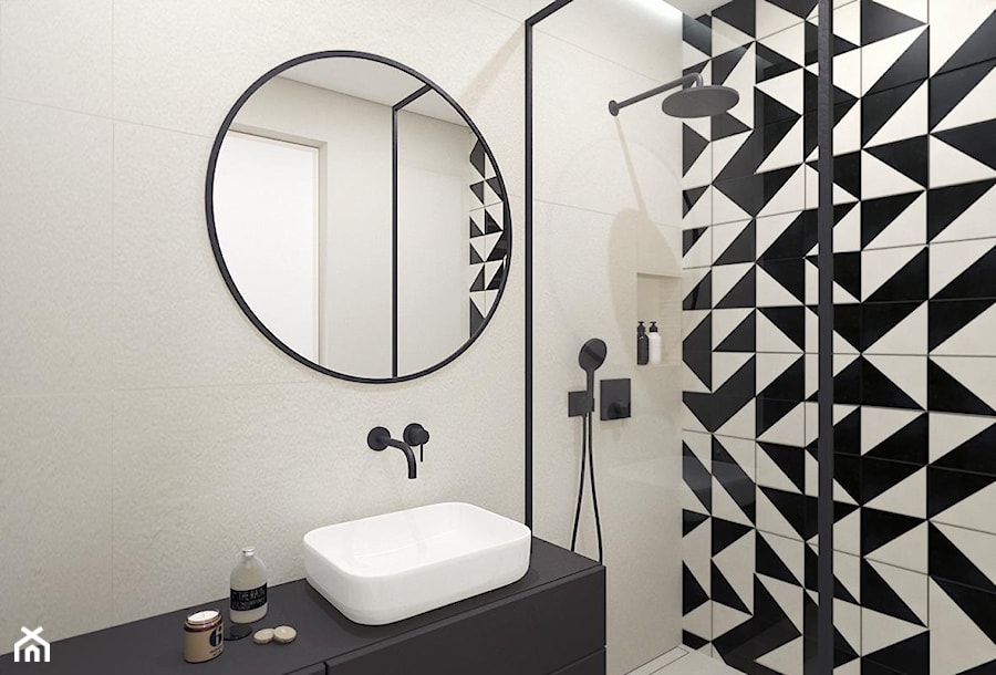 Łazienka na Służewie - Mała na poddaszu bez okna z lustrem łazienka, styl minimalistyczny - zdjęcie od KAROLINA POPIEL - ARCHITEKTURA WNĘTRZ