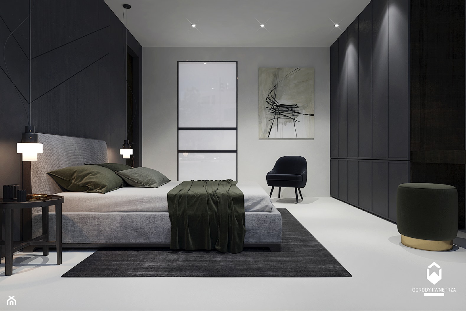 APARTAMENT Z WIDOKIEM NA WISŁĘ - Średnia czarna szara sypialnia, styl nowoczesny - zdjęcie od KAROLINA POPIEL - ARCHITEKTURA WNĘTRZ - Homebook